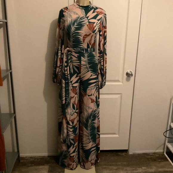 Pink and Green Long Sleeve Tropical Print Jumpsuit - Picture 5 of 10